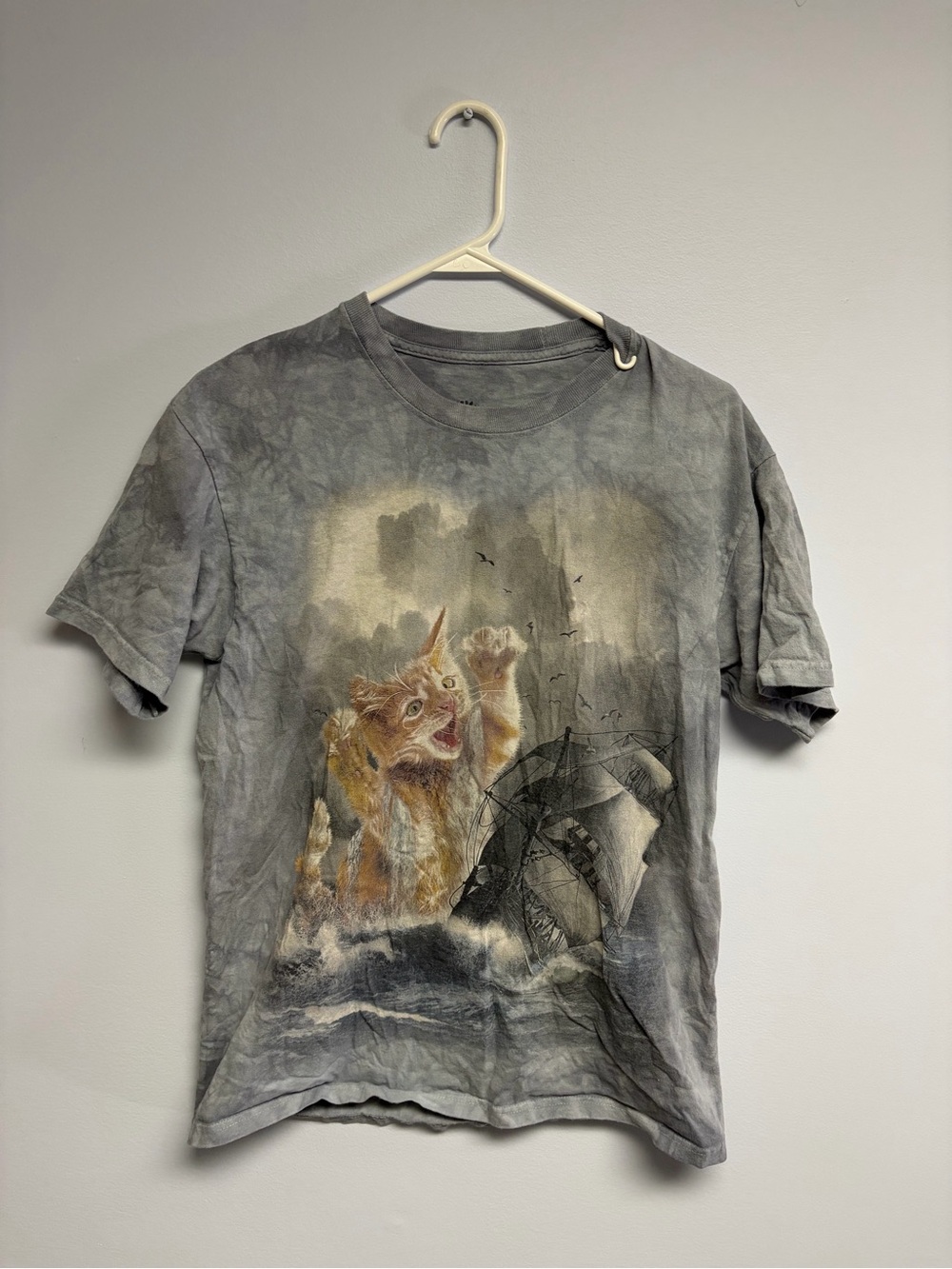 Gray Graphic Cat and ship Print Short Sleeve tie dye T-Shirt